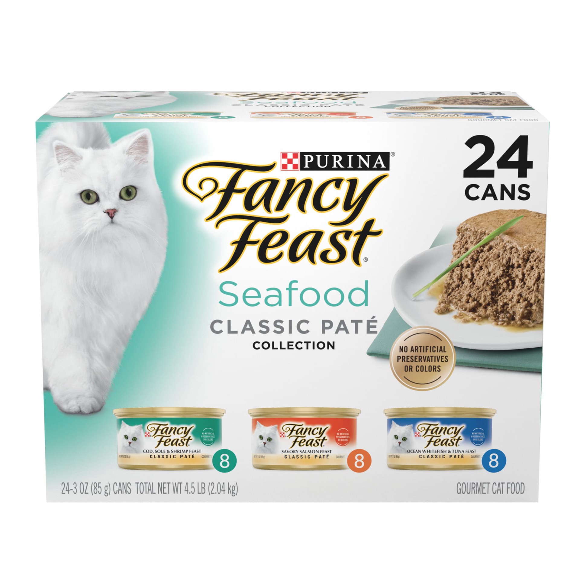 slide 1 of 8, Purina Fancy Feast Seafood Classic Pate Collection Grain Free Wet Cat Food Variety Pack, 4.5 lb
