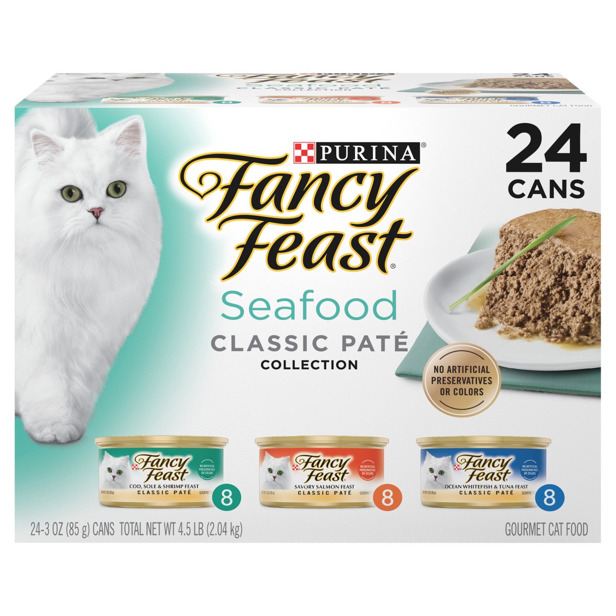 slide 1 of 8, Fancy Feast Purina Fancy Feast Seafood Classic Pate Collection Grain Free Wet Cat Food Variety Pack, 4.5 lb