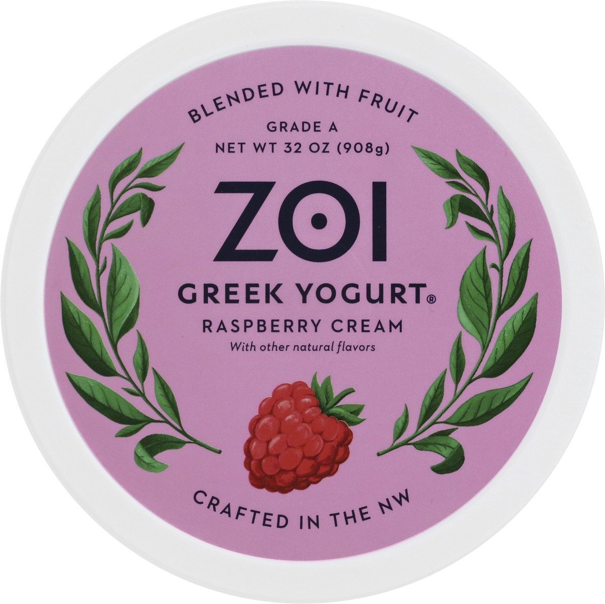 slide 8 of 13, Zoi Blended with Fruit Greek Raspberry Cream Yogurt 32 oz,
