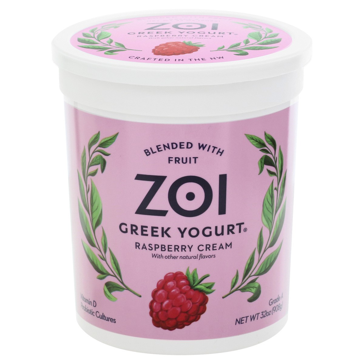 slide 4 of 13, Zoi Blended with Fruit Greek Raspberry Cream Yogurt 32 oz,