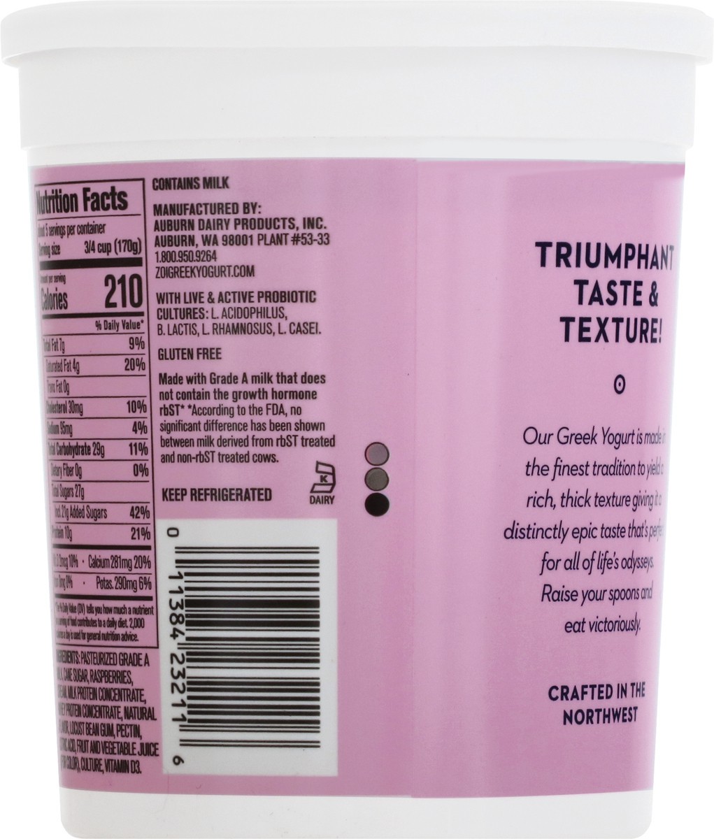 slide 5 of 13, Zoi Blended with Fruit Greek Raspberry Cream Yogurt 32 oz,