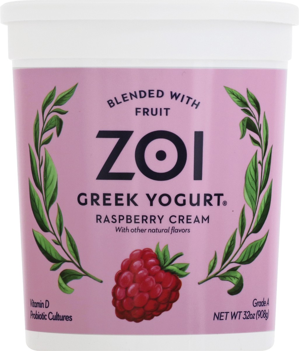 slide 9 of 13, Zoi Blended with Fruit Greek Raspberry Cream Yogurt 32 oz,