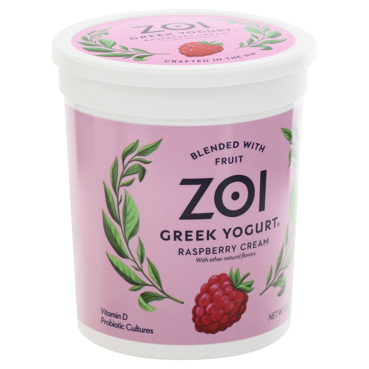 slide 7 of 13, Zoi Blended with Fruit Greek Raspberry Cream Yogurt 32 oz,