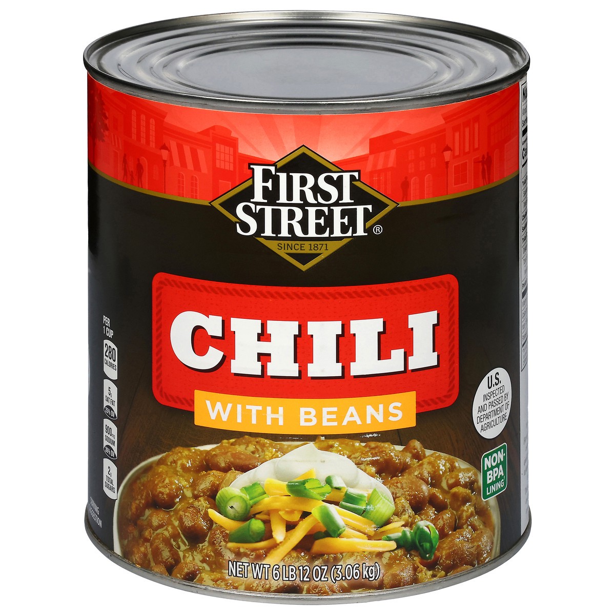 slide 2 of 4, First Street Chili With Beans Mild, 107 oz