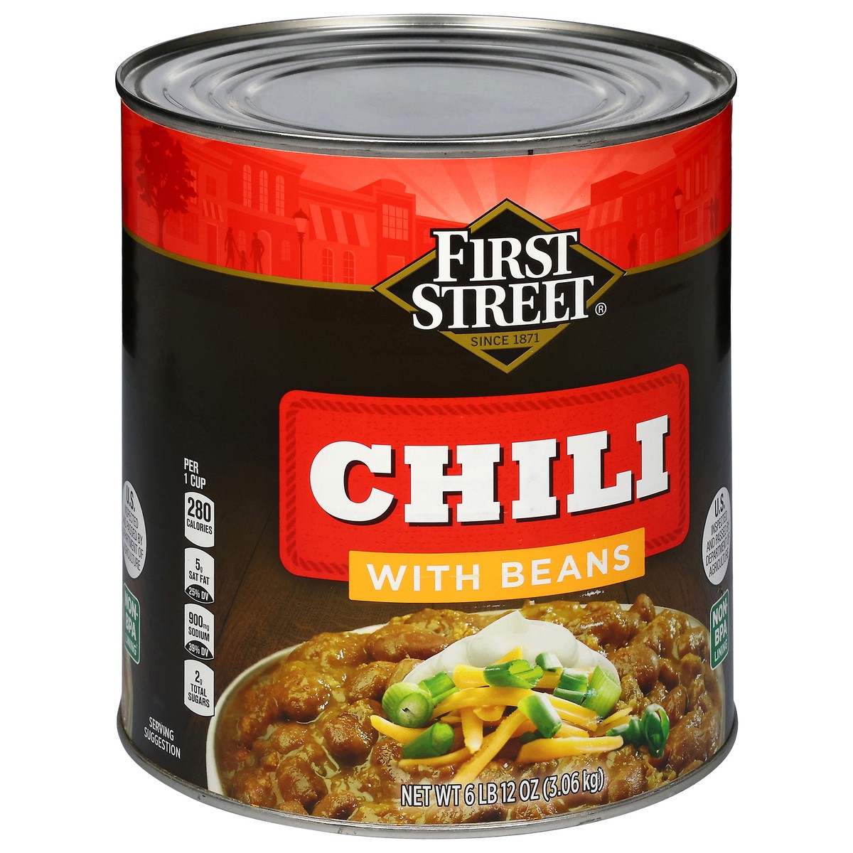 slide 3 of 4, First Street Chili With Beans Mild, 107 oz