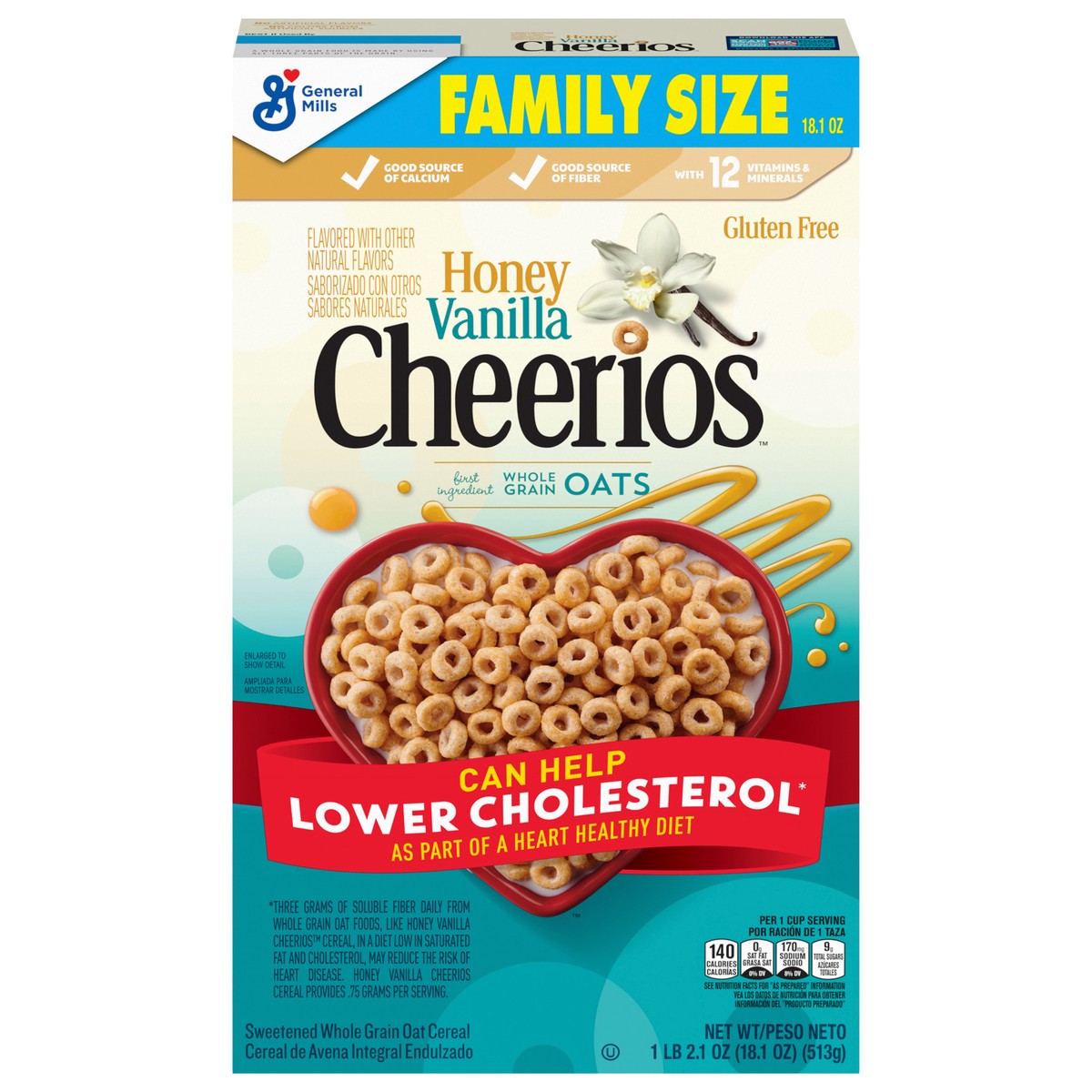 slide 1 of 9, Cheerios Honey Vanilla Cheerios, Heart Healthy Cereal, 18.1 OZ Family Size Box, 18.1 oz