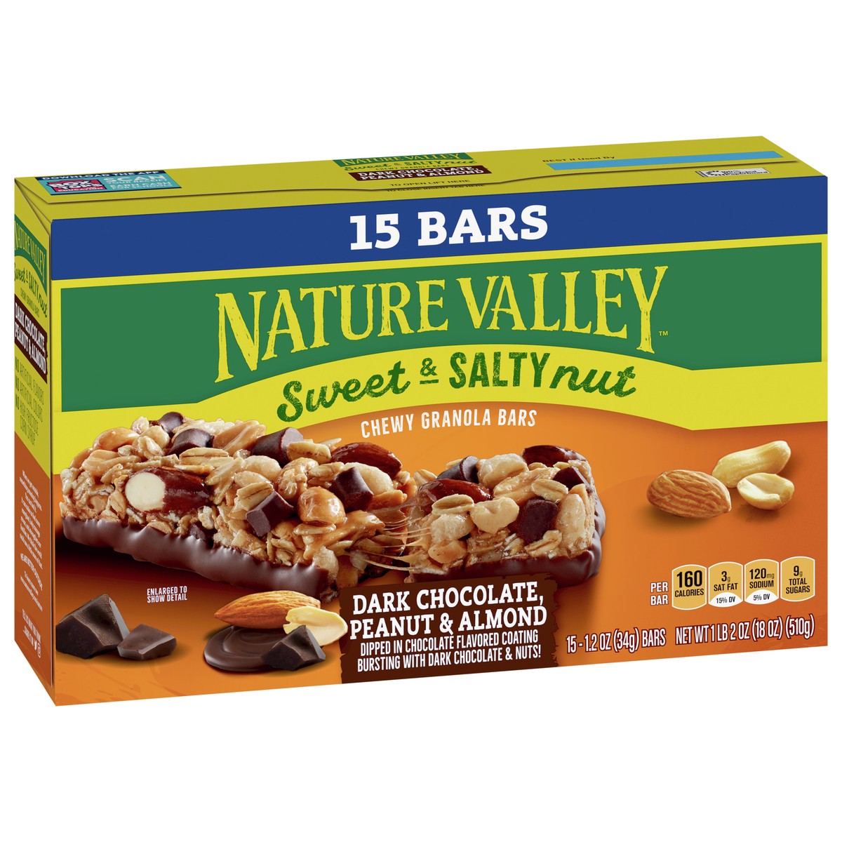 slide 4 of 9, Nature Valley Sweet and Salty Nut Bars, Dark Chocolate Peanut Almond, 15 Bars, 18 OZ, 15 ct