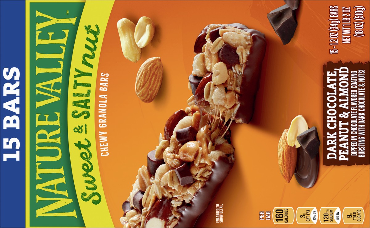 slide 5 of 9, Nature Valley Sweet and Salty Nut Bars, Dark Chocolate Peanut Almond, 15 Bars, 18 OZ, 15 ct