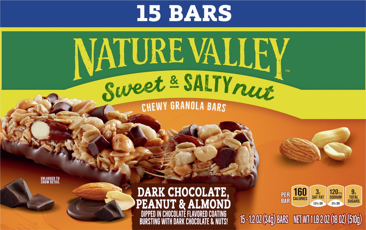 slide 9 of 9, Nature Valley Sweet and Salty Nut Bars, Dark Chocolate Peanut Almond, 15 Bars, 18 OZ, 15 ct