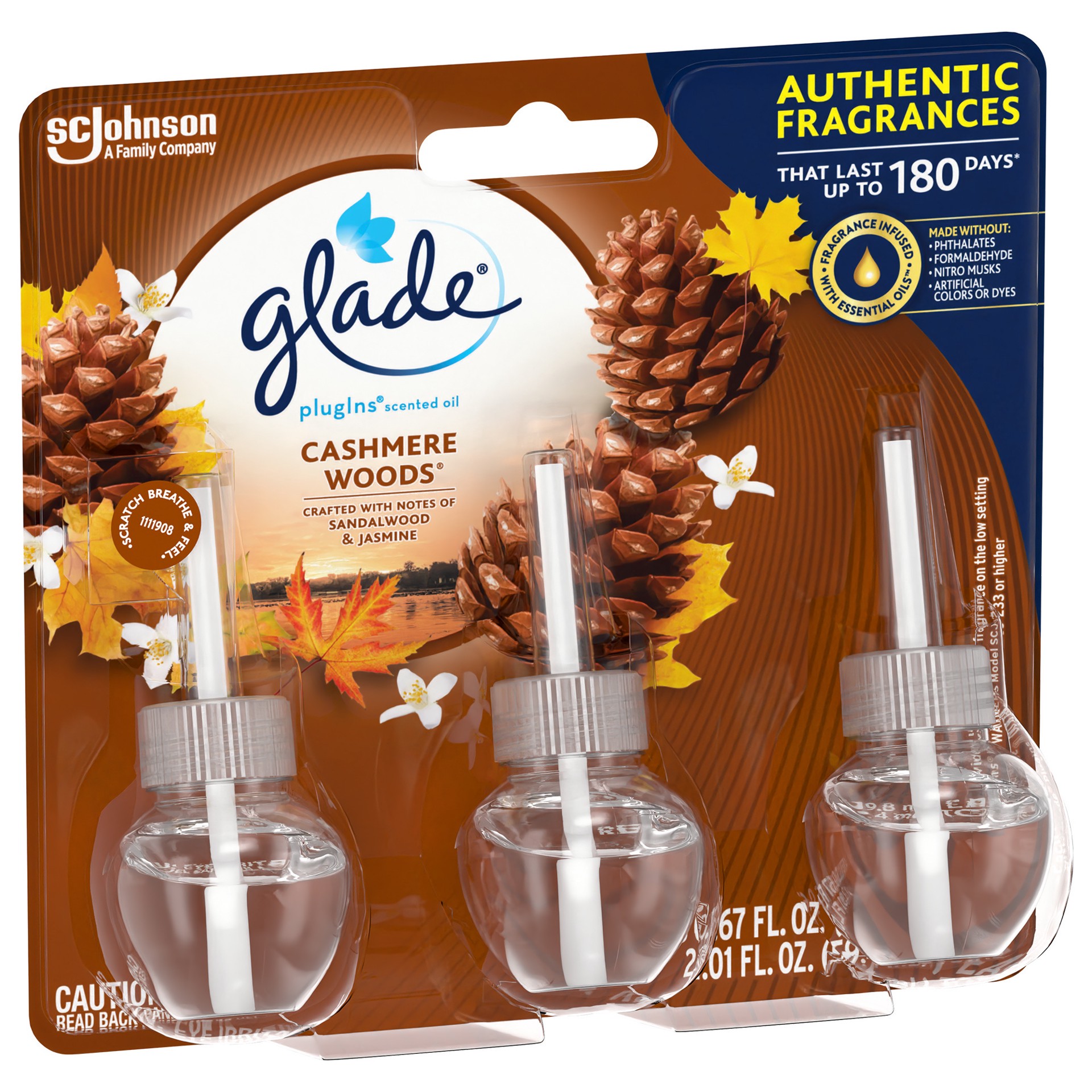 slide 2 of 5, Glade PlugIns Cashmere Wood Scented Oil Refills Bottle 3 - 0.67 fl oz (19.8 ml) Refills, 