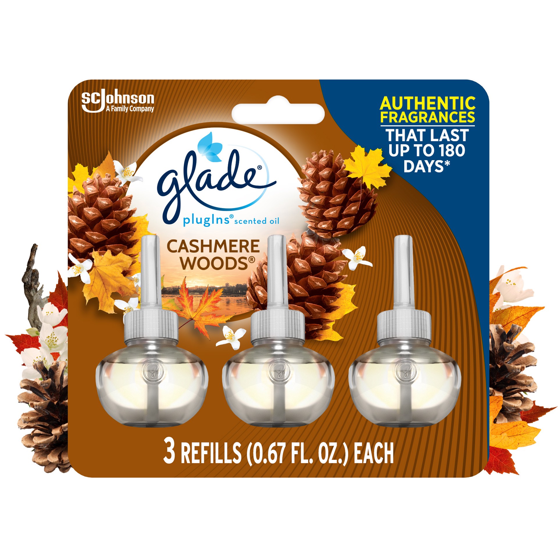 slide 3 of 5, Glade PlugIns Cashmere Wood Scented Oil Refills Bottle 3 - 0.67 fl oz (19.8 ml) Refills, 