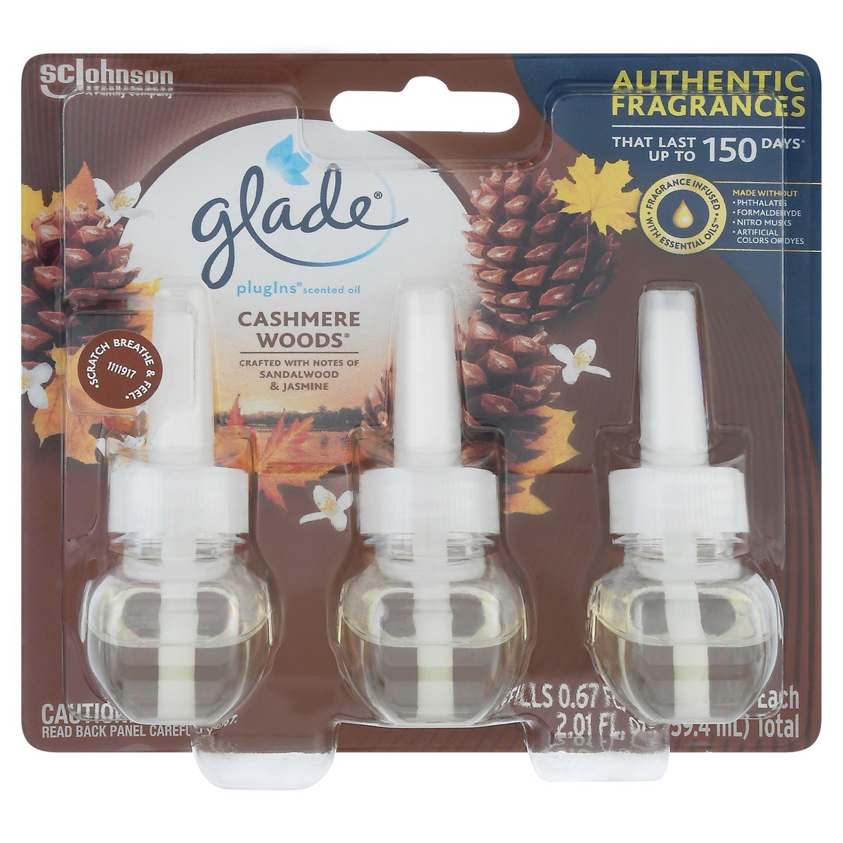 slide 1 of 5, Glade PlugIns Cashmere Wood Scented Oil Refills Bottle 3 - 0.67 fl oz (19.8 ml) Refills, 