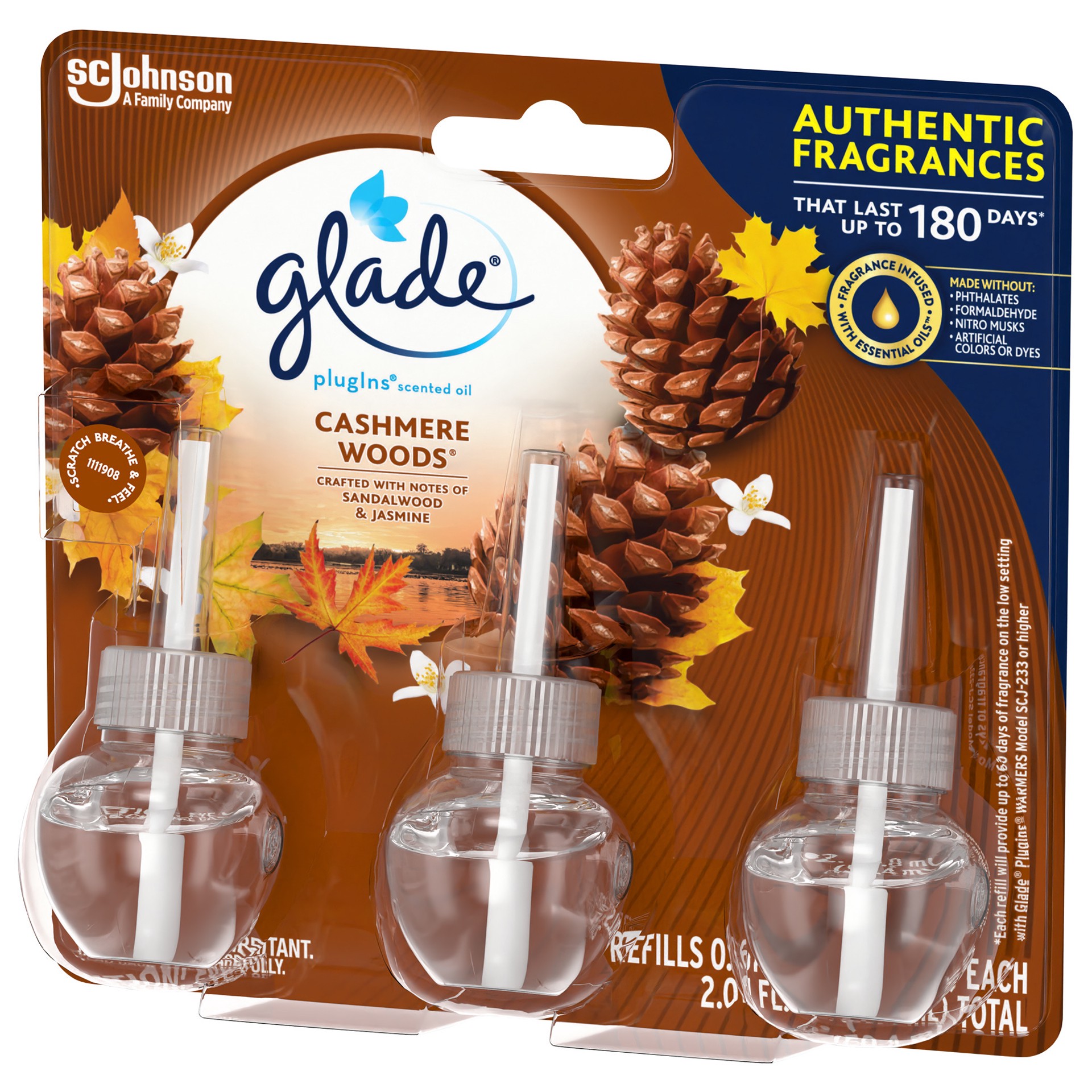 slide 5 of 5, Glade PlugIns Cashmere Wood Scented Oil Refills Bottle 3 - 0.67 fl oz (19.8 ml) Refills, 