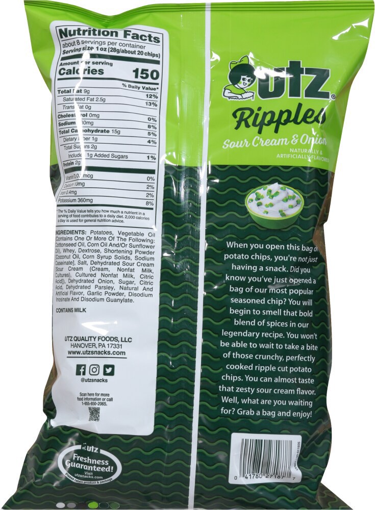 slide 2 of 6, Utz 9.3 oz Utz Ripples Sour Cream & Onion Potato Chips, 7.75 oz
