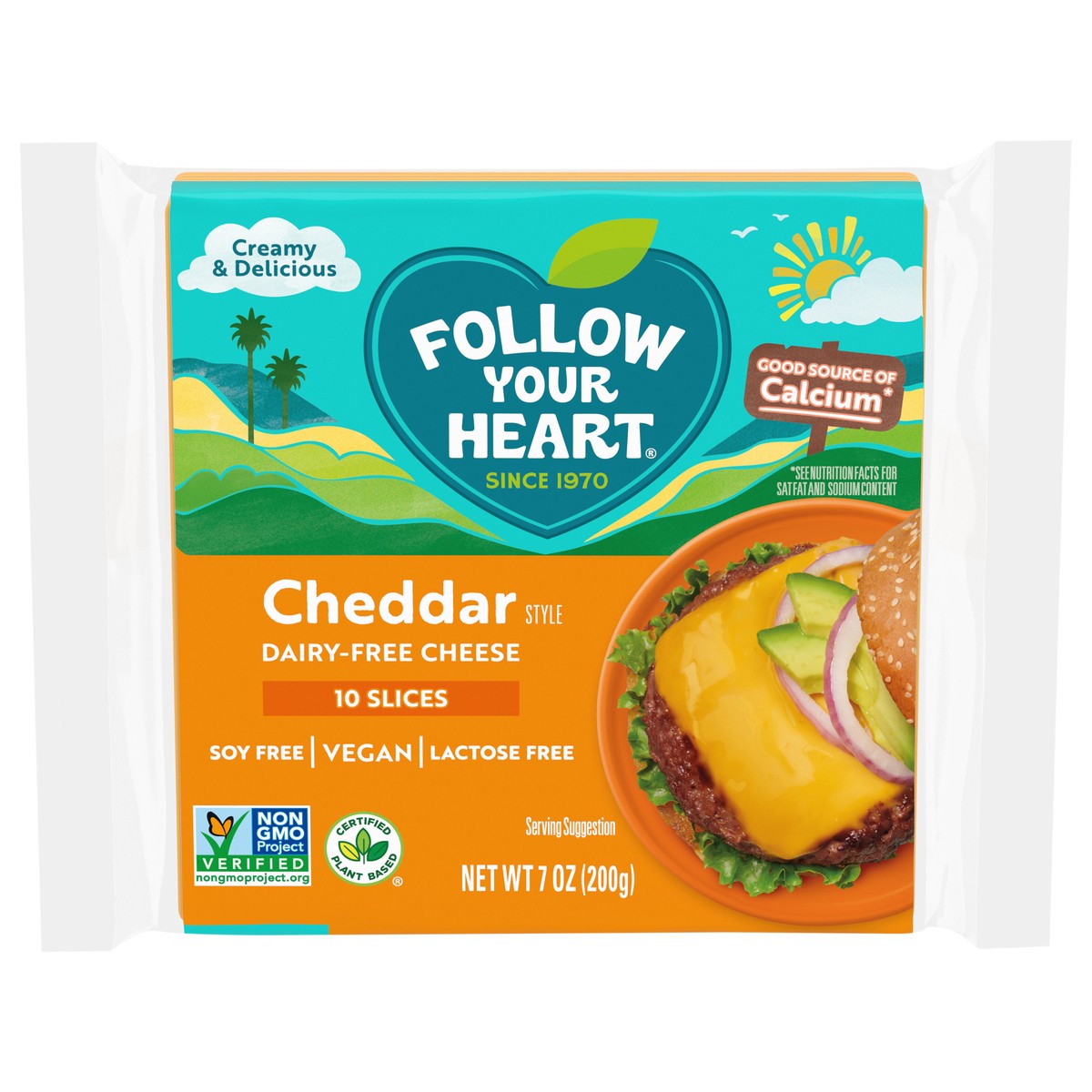 slide 1 of 13, Follow Your Heart Dairy Free Vegan Medium Cheddar Style Sliced Cheese, 10 Ct, 7 OZ Pack, 10 ct