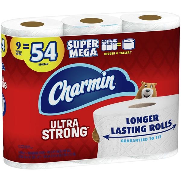 slide 1 of 1, Charmin Ultra Strong Super Mega Roll Toilet Paper, 9 ct