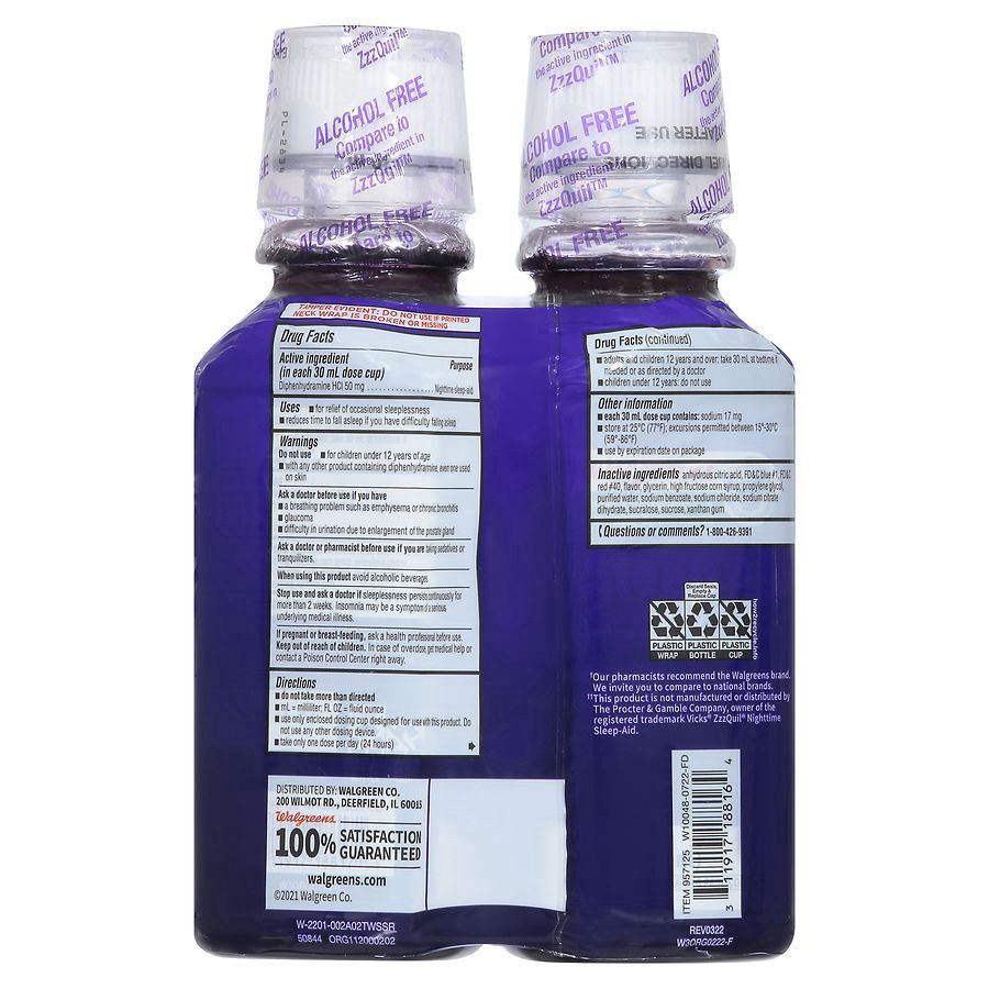 slide 4 of 5, Walgreens Al-Sleep Z Nighttime Liquid Sleep Aid Twin Pack, 2 ct; 12 fl oz