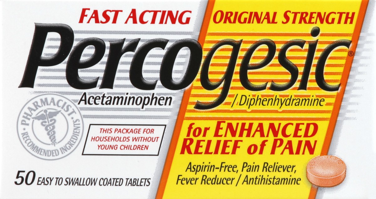 slide 2 of 6, Percogesic Original Strength Pain Relief, Aspirin Free Fast Acting Relief, Acetaminophen and Diphenhydramine, 50 Tablets, 50 ct