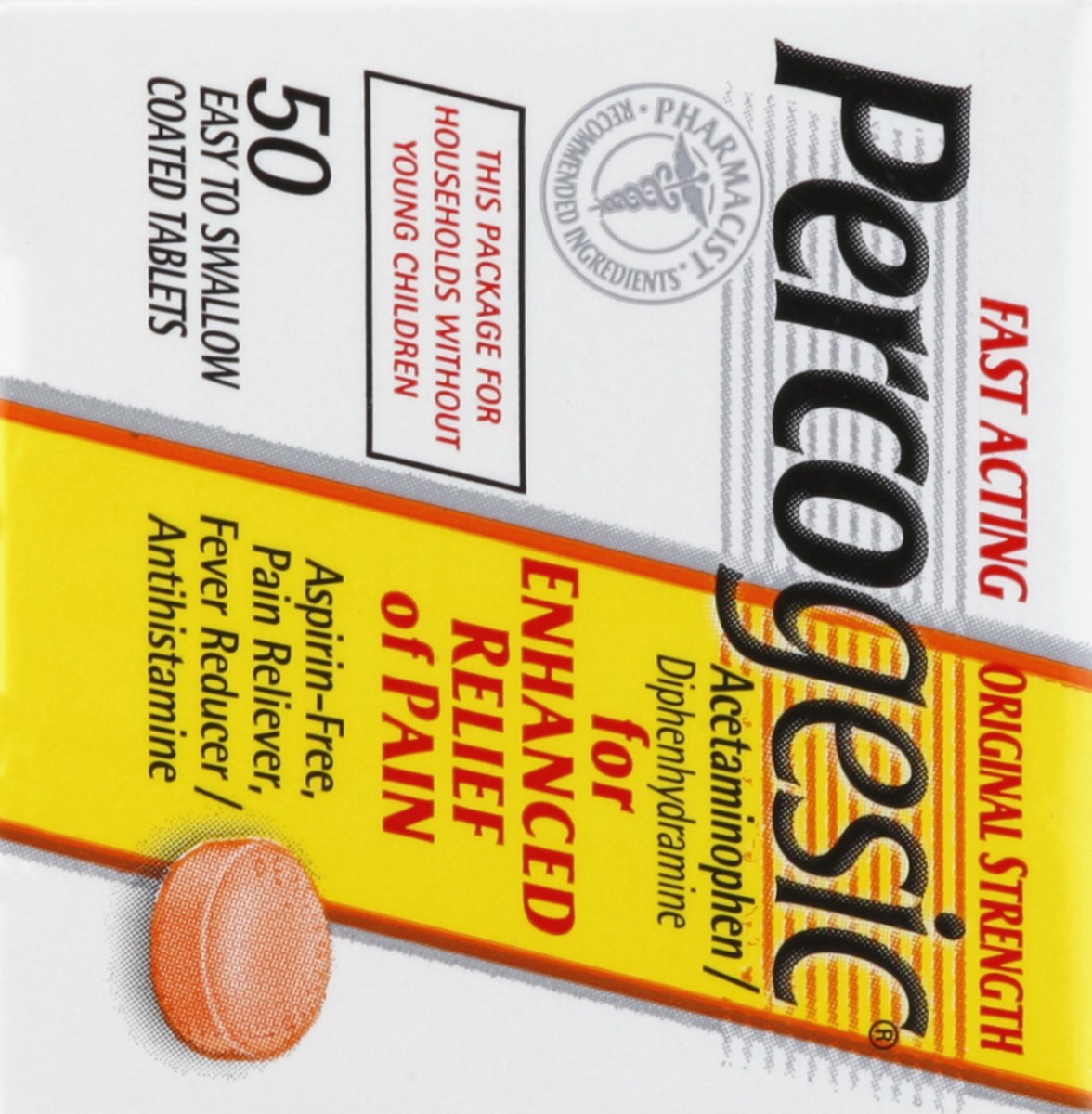 slide 5 of 6, Percogesic Original Strength Pain Relief, Aspirin Free Fast Acting Relief, Acetaminophen and Diphenhydramine, 50 Tablets, 50 ct