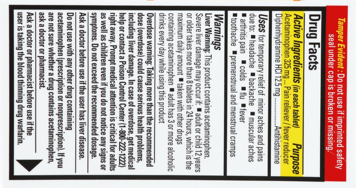 slide 6 of 6, Percogesic Original Strength Pain Relief, Aspirin Free Fast Acting Relief, Acetaminophen and Diphenhydramine, 50 Tablets, 50 ct