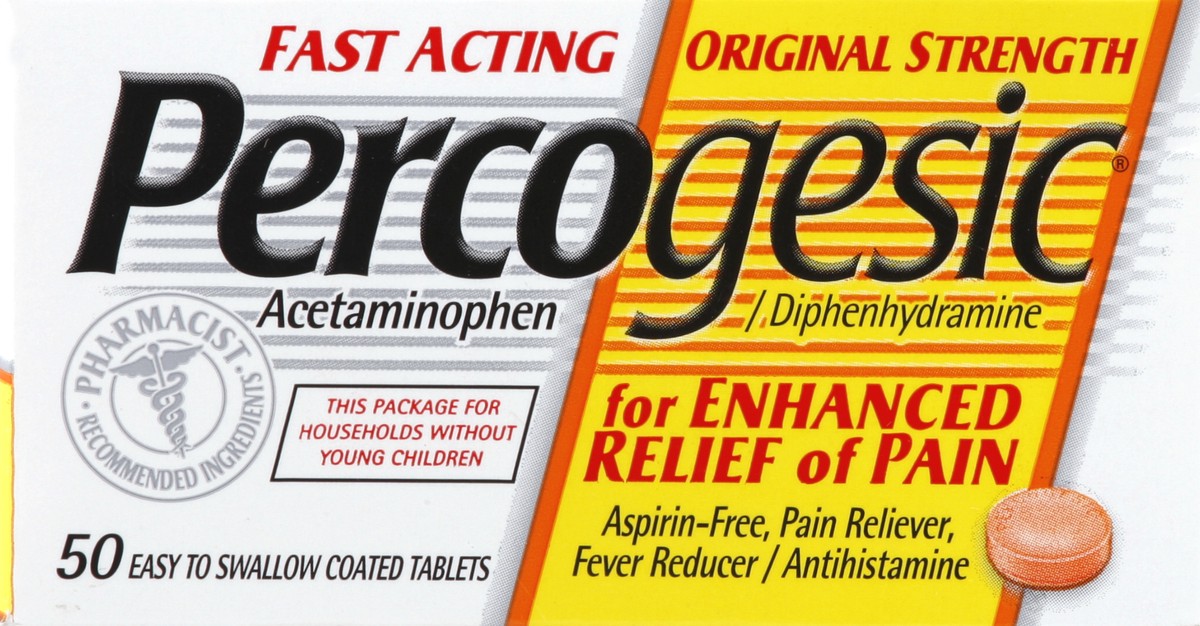 slide 4 of 6, Percogesic Original Strength Pain Relief, Aspirin Free Fast Acting Relief, Acetaminophen and Diphenhydramine, 50 Tablets, 50 ct