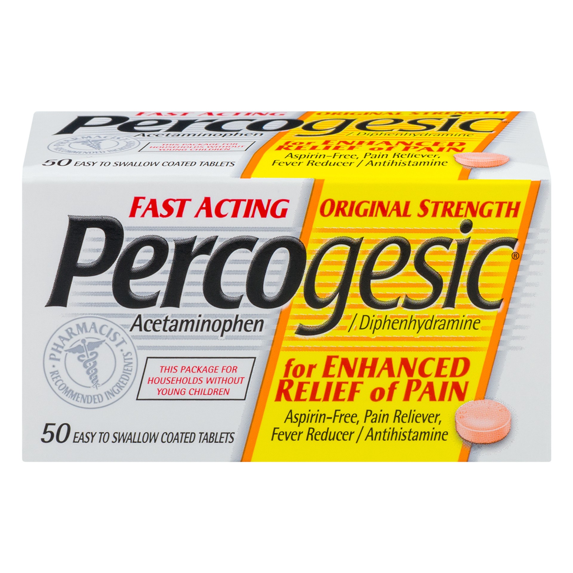 slide 1 of 6, Percogesic Original Strength Pain Relief, Aspirin Free Fast Acting Relief, Acetaminophen and Diphenhydramine, 50 Tablets, 50 ct