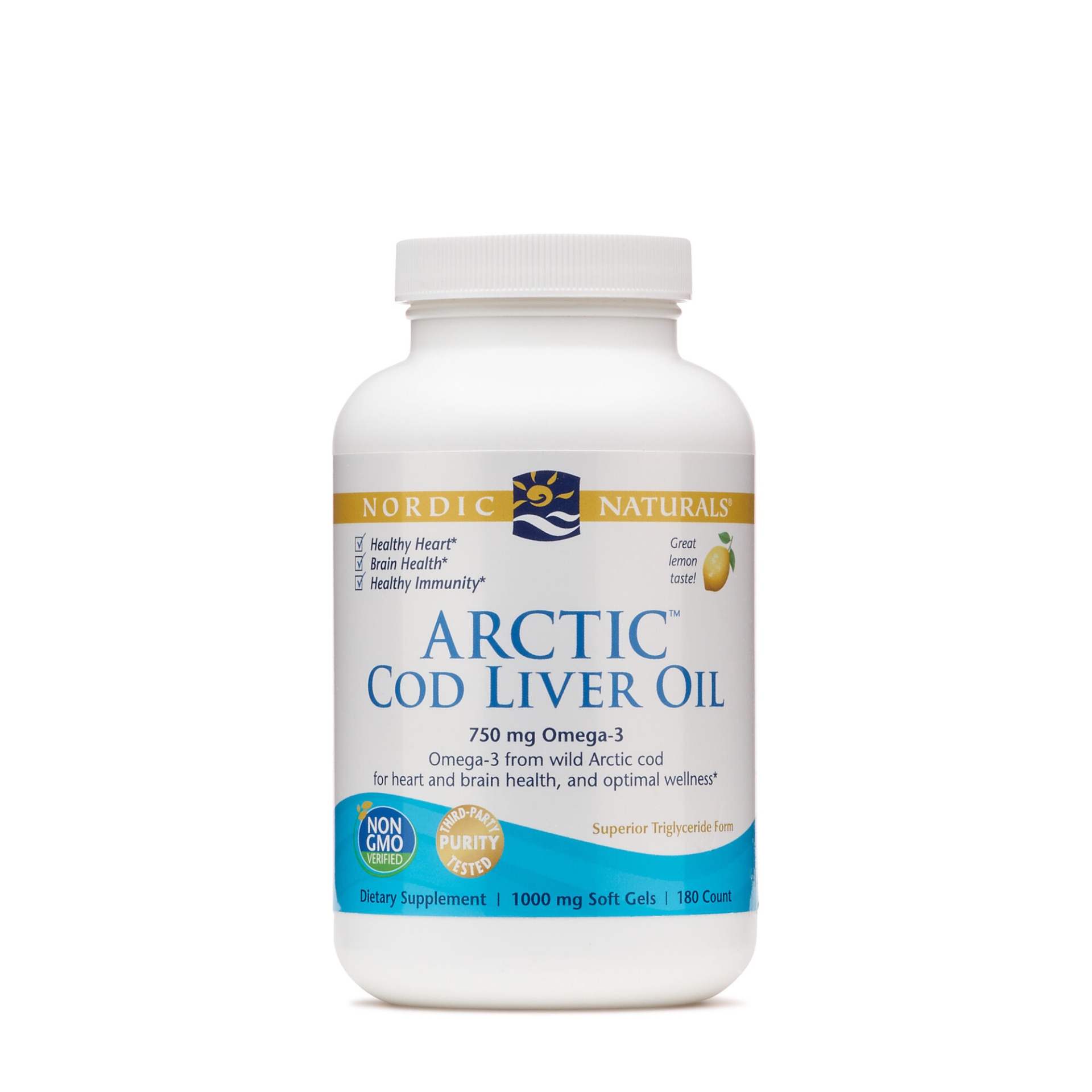 slide 1 of 1, Nordic Naturals Arctic Cod Liver Oil Lemon Flavor Softgels, 180 ct