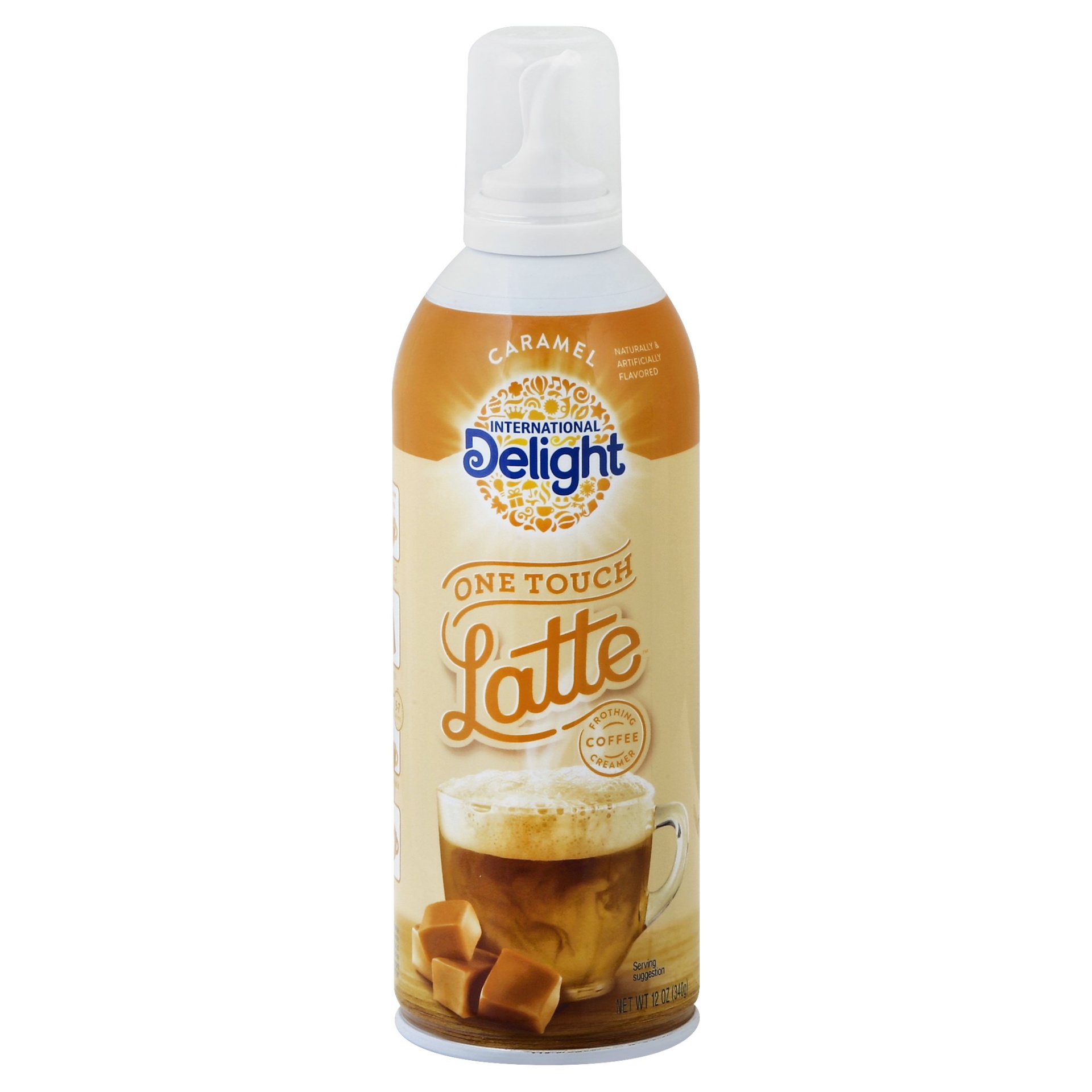 slide 1 of 1, International Delight One Touch Latte Caramel Frothing Coffee Creamer, 12 fl oz