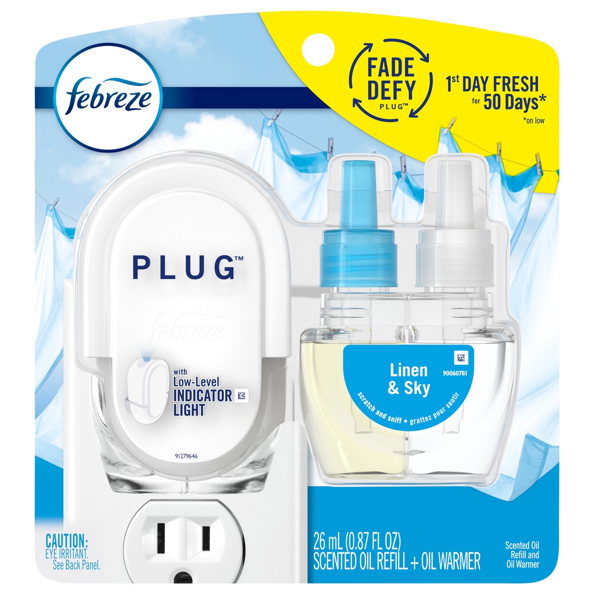 slide 1 of 2, Febreze Fade Defy PLUG Air Freshener & Odor Fighter Starter Kit with Linen & Sky (1) .87 fl. oz. Oil Refill, 0.87 fl oz