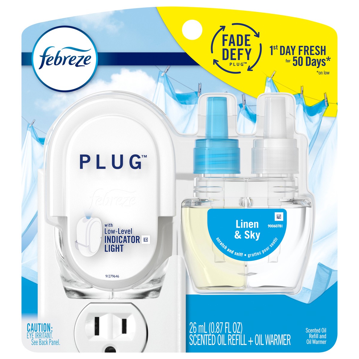 slide 1 of 2, Febreze Plug In Air Freshener, Odor-Fighting Scented Oil Starter Kit, Linen & Sky, Warmer+1 Refill, 1 ct
