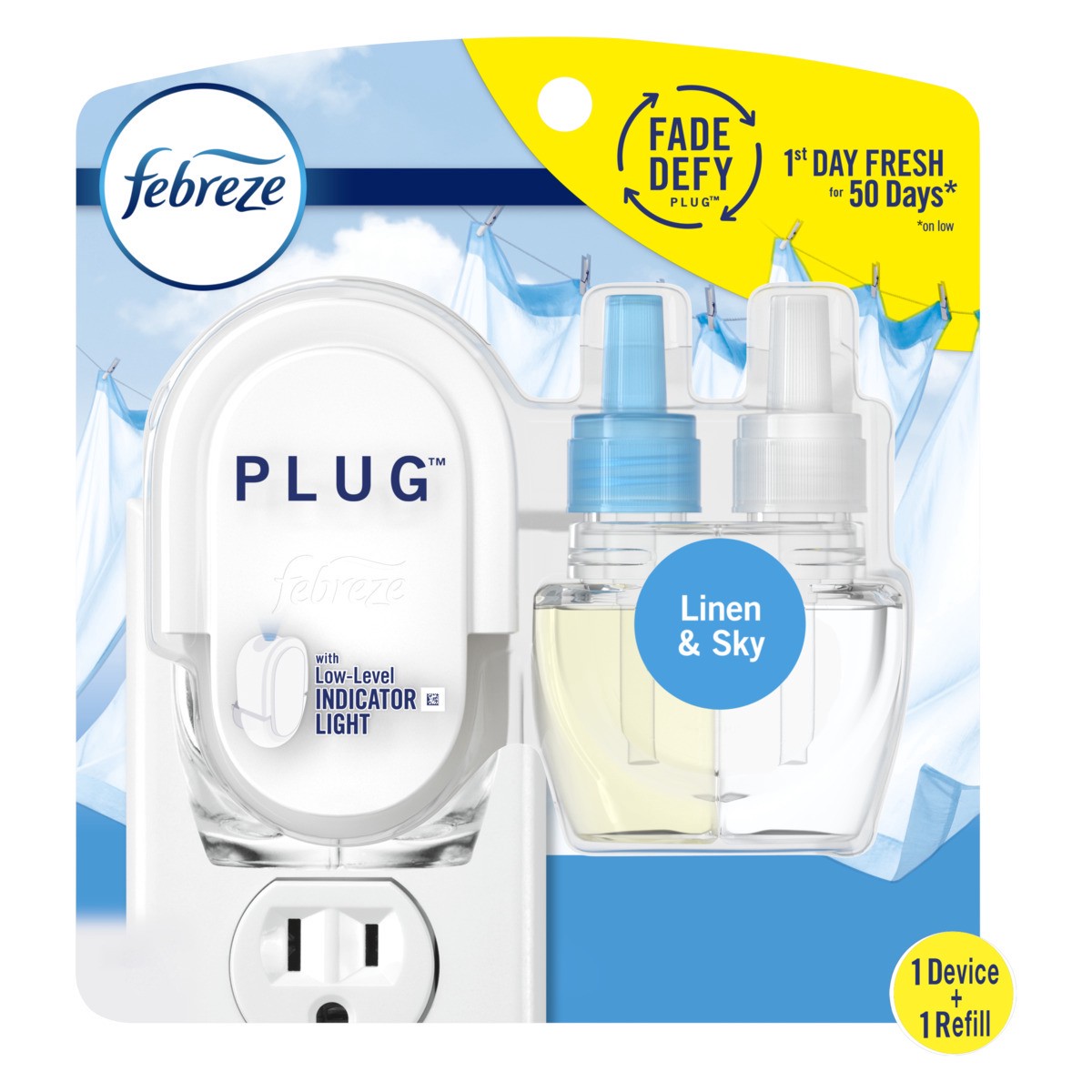 slide 1 of 2, Febreze Plug In Air Freshener, Odor-Fighting Scented Oil Starter Kit, Linen & Sky, Warmer+1 Refill, 1 ct