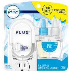 Febreze Plug In Air Freshener, Odor-Fighting Scented Oil Starter Kit, Linen & Sky, Warmer+1 Refill