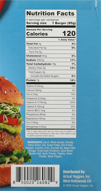 slide 3 of 5, Actual Veggies California Garden Veggie Burger with Mixed Veggies & Quinoa 4 - 3 oz Patties, 4 ct