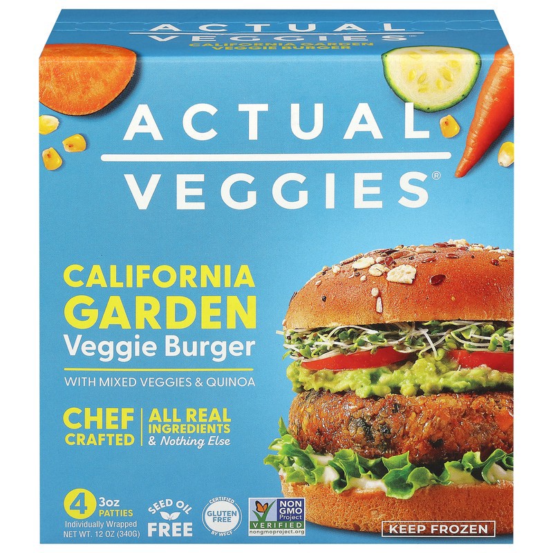 slide 1 of 5, Actual Veggies California Garden Veggie Burger with Mixed Veggies & Quinoa 4 - 3 oz Patties, 4 ct
