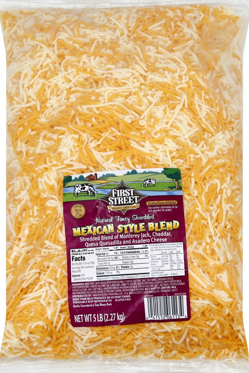 slide 6 of 6, First Street Shredded Mexican Blend Cheese, 5 lb