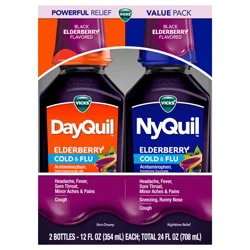 VICKS DayQuil & NyQuil Elderberry Flavor Cold & Flu Liquid Medicine Co-Pack, Multi-Symptom Relief of Headache, Fever, Sore Throat, Minor Aches & Pains, Sneezing, Runny Nose, and Cough, 2x12oz