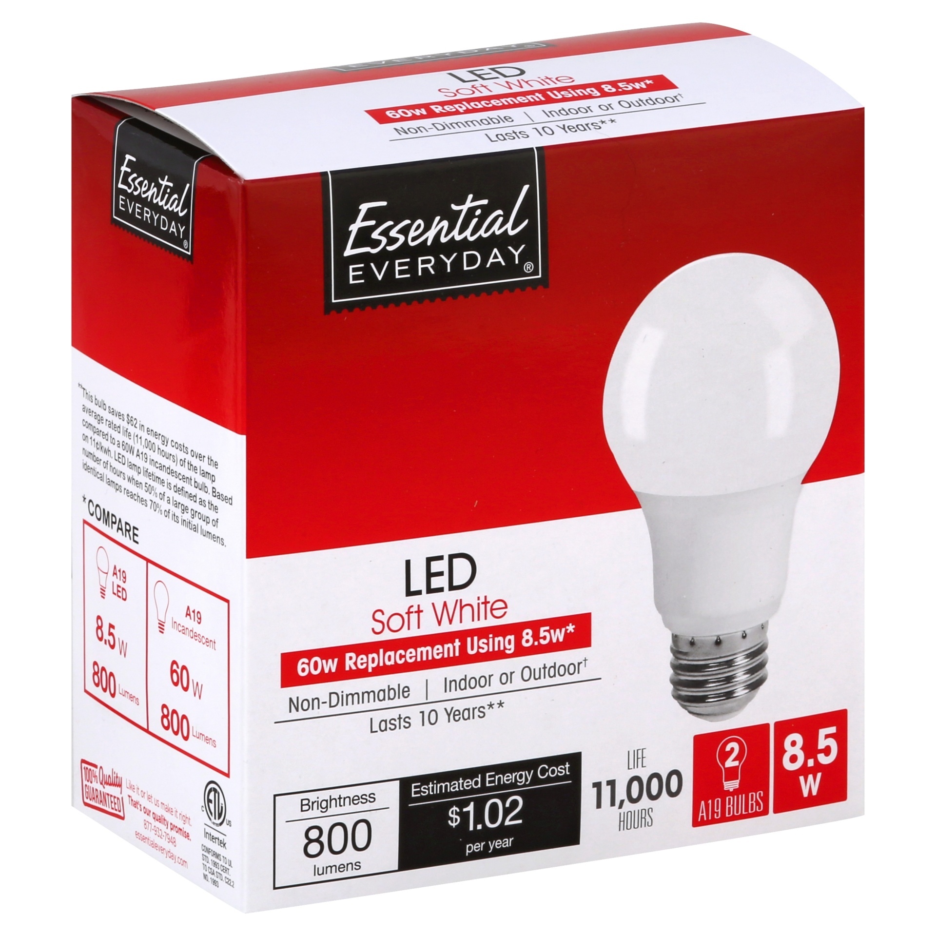 slide 1 of 1, Essential Everyday Light Bulbs, LED, Soft White, 8.5 Watts, 2 ct