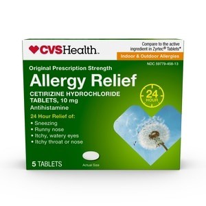 slide 1 of 1, CVS Health Indoor/Outdoor Allergy Relief Cetirizine Hydrochloride Tablets, 5 ct; 10 mg