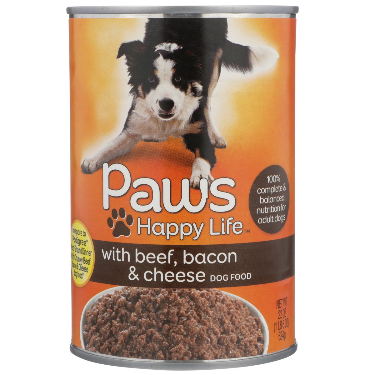 slide 9 of 9, Paws Happy Life Beef, Bacon & Cheese Dog Food, 22 oz