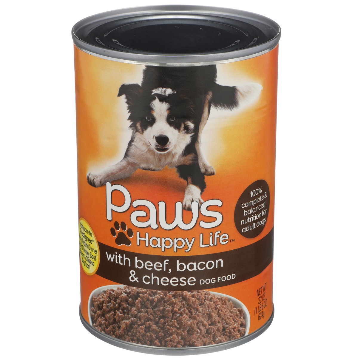 slide 1 of 9, Paws Happy Life Beef, Bacon & Cheese Dog Food, 22 oz