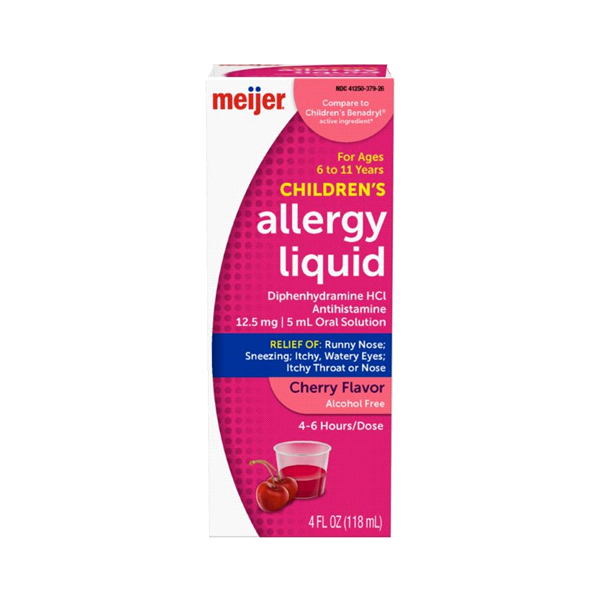 slide 1 of 29, Meijer Children's Allergy Relief, Diphenhydramine HCl / Oral Solution, Antihistamine, Cherry Flavor, 12.5 mg, 5 ml, 4 oz