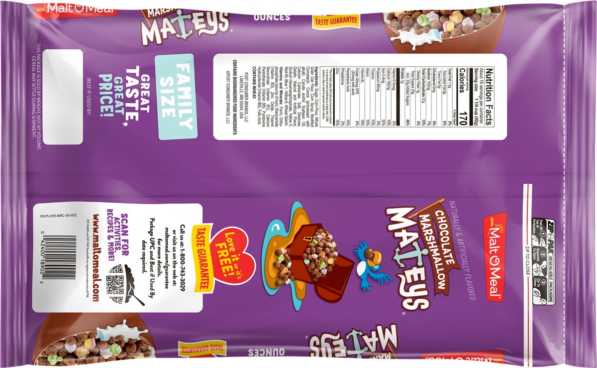 slide 3 of 7, Malt-O-Meal Chocolate Marshmallow Mateys Breakfast Cereal, 24 OZ Bag, 24 oz