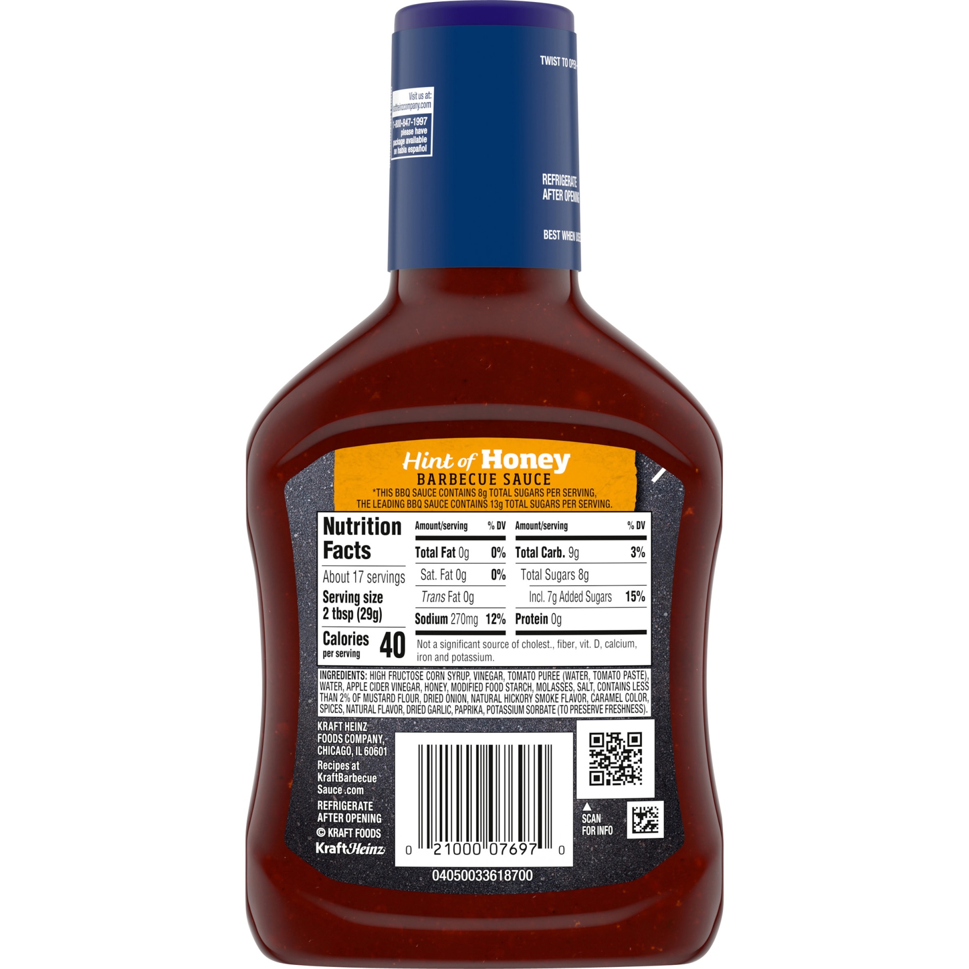 slide 2 of 7, Kraft Hint of Honey Barbecue Sauce with 25% Less Sugar Bottle, 17.5 oz