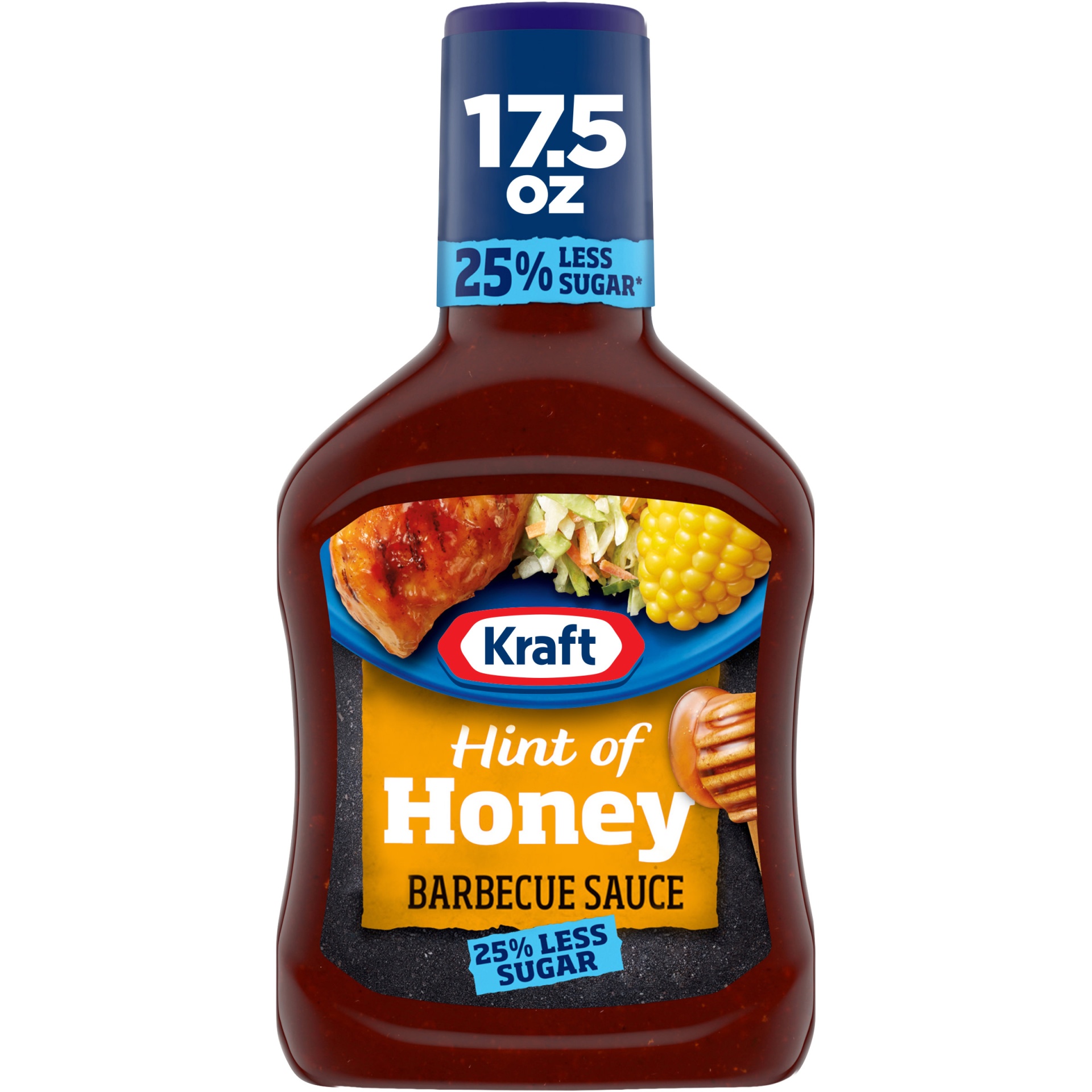 slide 1 of 7, Kraft Hint of Honey Barbecue Sauce with 25% Less Sugar Bottle, 17.5 oz