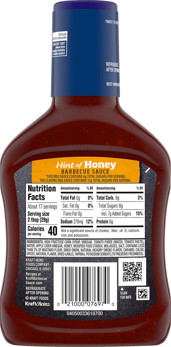 slide 6 of 9, Kraft Hint of Honey Barbecue BBQ Sauce with 25% Less Sugar, 17.5 oz Bottle, 17.5 oz