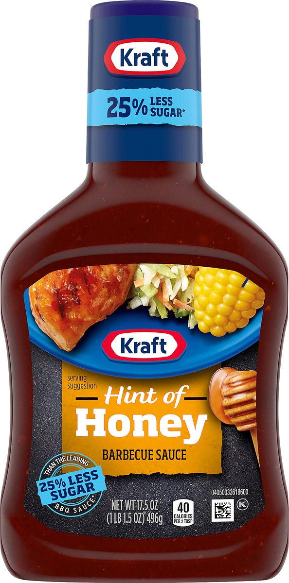 slide 8 of 9, Kraft Hint of Honey Barbecue BBQ Sauce with 25% Less Sugar, 17.5 oz Bottle, 17.5 oz