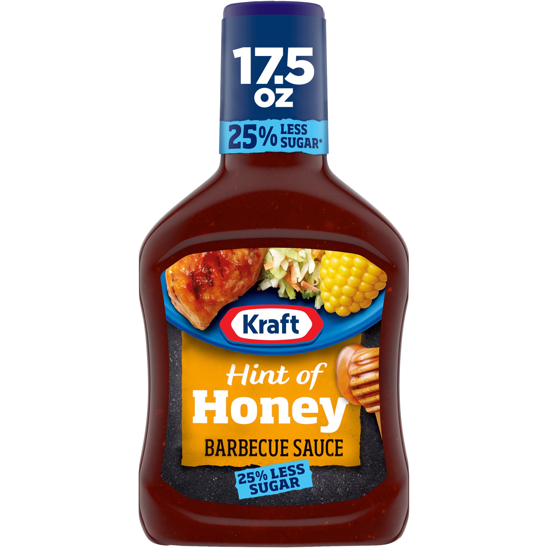 slide 1 of 9, Kraft Hint of Honey Barbecue BBQ Sauce with 25% Less Sugar, 17.5 oz Bottle, 17.5 oz