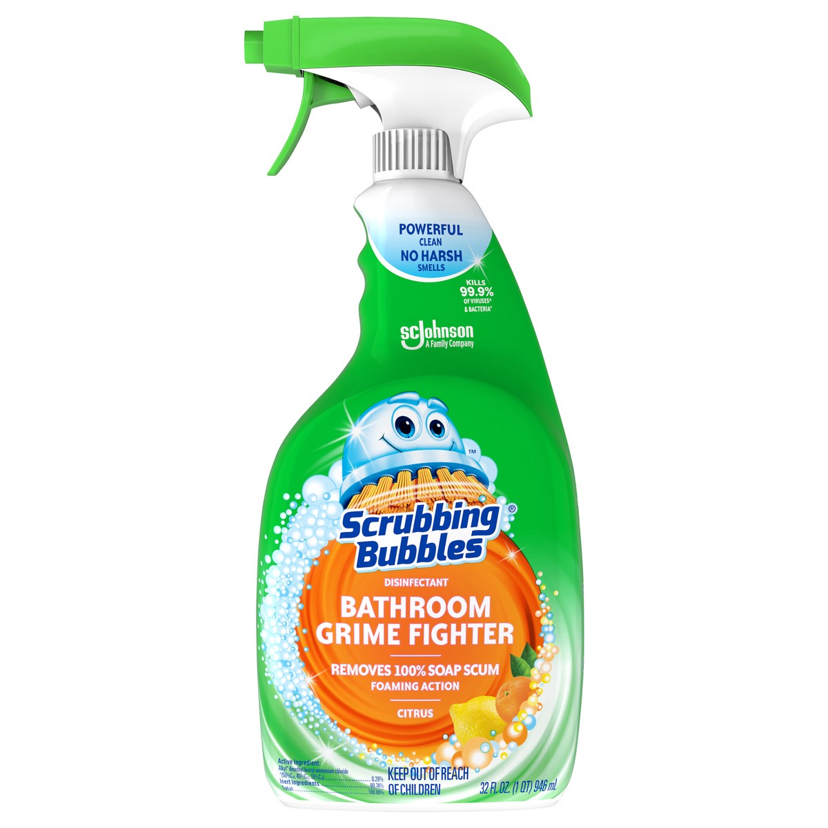 slide 1 of 5, Scrubbing Bubbles Disinfectant Bathroom Grime Fighter Spray, Citrus, 32 fl oz, 32 oz