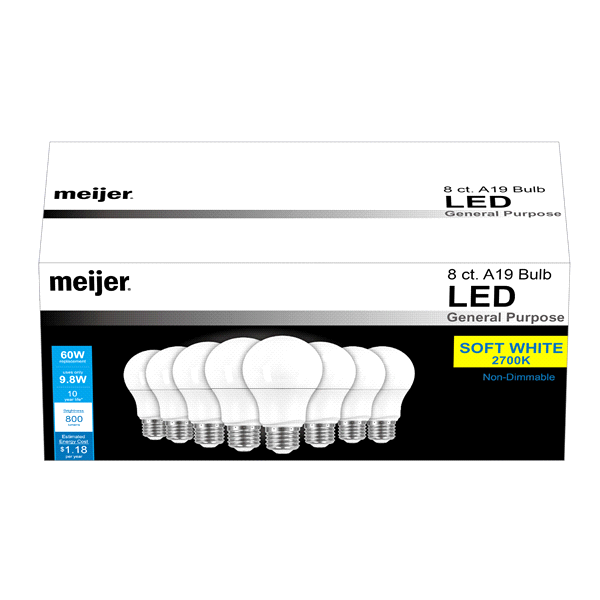 slide 1 of 1, Meijer LED Light Bulb 60W Equivalent A19 Soft White, 8 ct