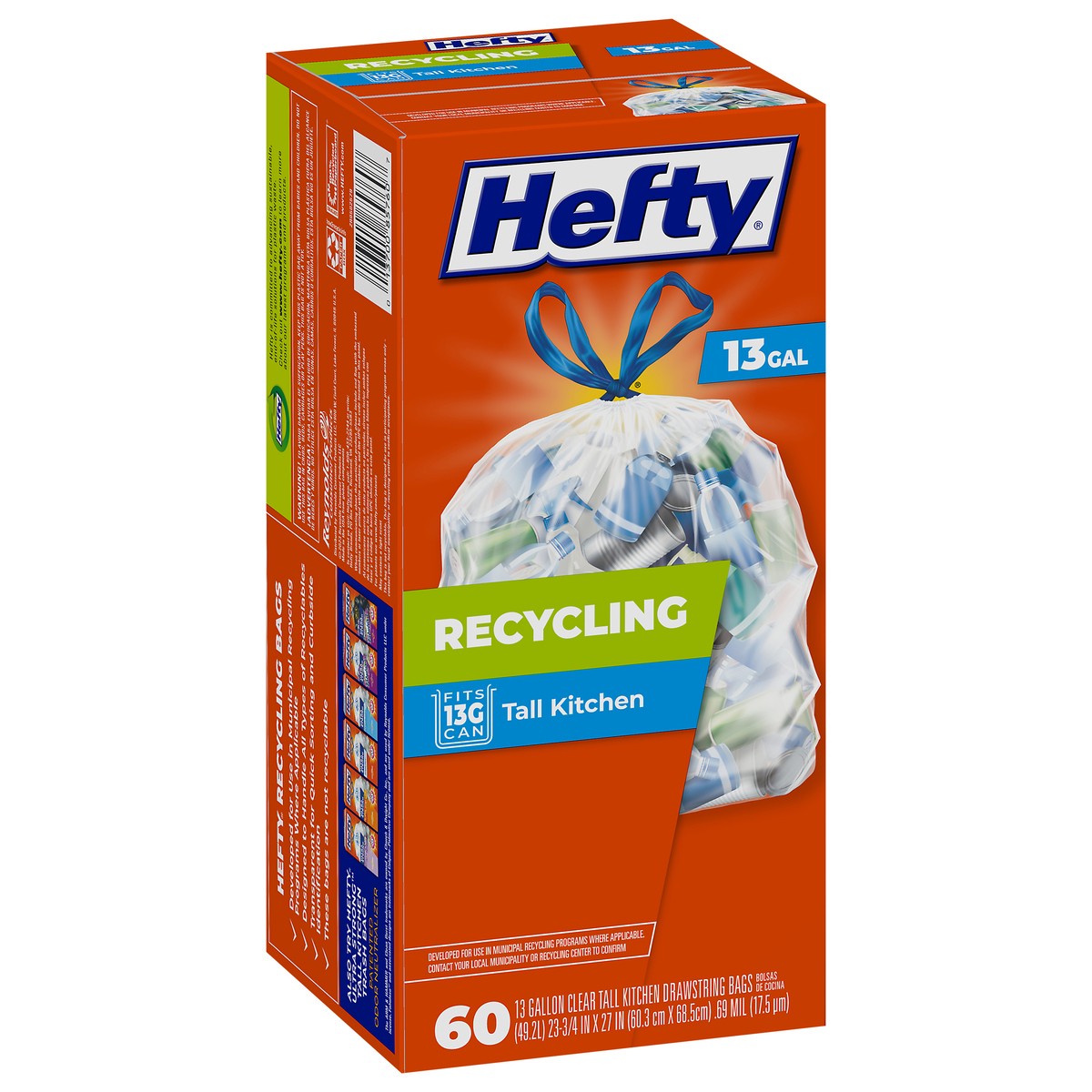 slide 2 of 9, Hefty 13 Gal Recycling Clear Tall Kitchen Drawstring Bags 60 ea, 60 ct